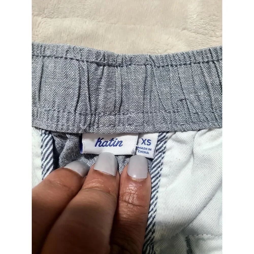 Katin Mens Elastic Waist Shorts Gray Blue Cotton Linen Drawstring Beach XS
